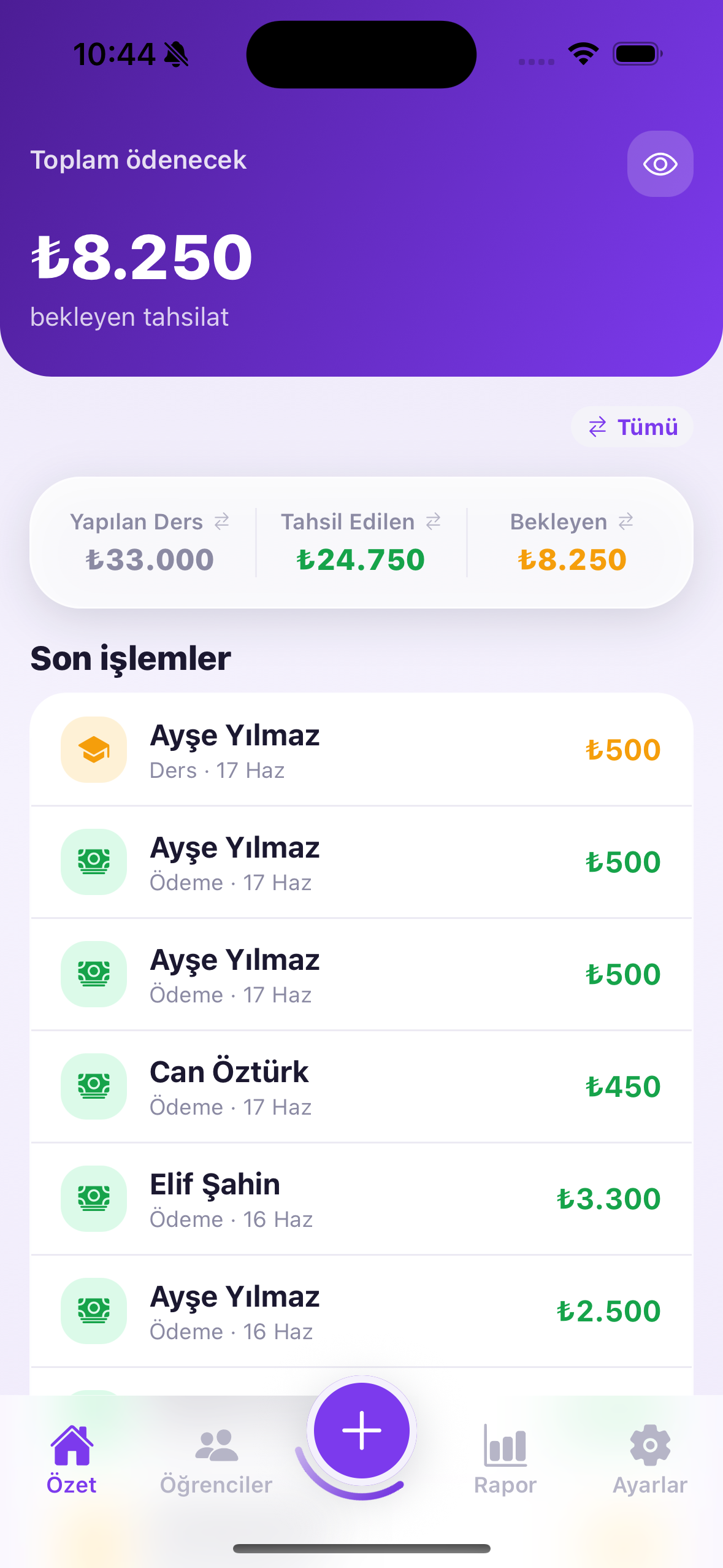 Özel Ders Kasası uygulama ekranı